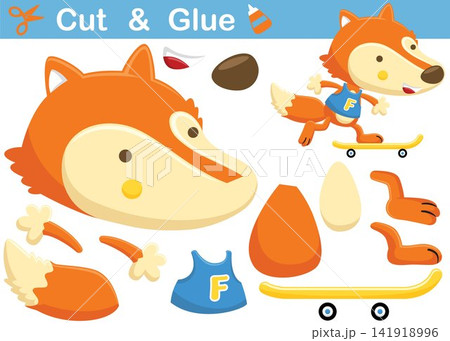 Funny fox skateboarding. Education paper game for children. Cutout and gluing. Vector cartoon illustration Funny fox skateboarding. Education paper game for children. Cutout and gluing. Vector cartoon illustration 141918996