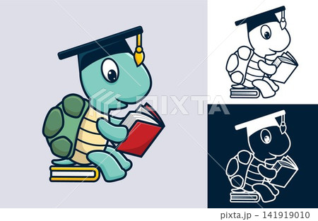 Funny turtle wearing graduation hat sitting on book while reading book. Vector cartoon illustration in flat icon style Funny turtle wearing graduation hat sitting on book while reading book. Vector cartoon illustration in flat icon style 141919010