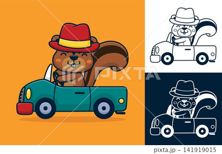 Squirrel wearing bowler hat driving car. Vector cartoon illustration in flat icon style 141919015