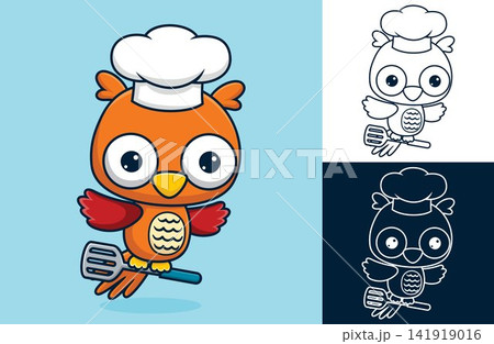 Cute owl wearing chef hat with spatula in its feet. Vector cartoon illustration in flat icon style Cute owl wearing chef hat with spatula in its feet. Vector cartoon illustration in flat icon style 141919016