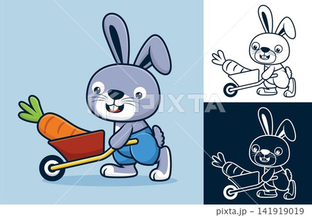 Cute rabbit carrying big carrot with wheelbarrow. Vector cartoon illustration in flat icon style 141919019