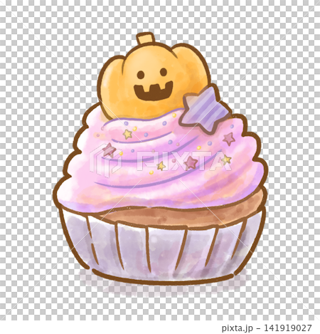Cute watercolor-style Halloween cupcakes with pumpkin and star toppings on a white background. Cute watercolor-style Halloween cupcakes with pumpkin and star toppings on a white background. 141919027