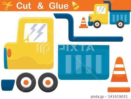 Dump truck with traffic cone. Cutout and gluing. Vector cartoon illustration 141919031