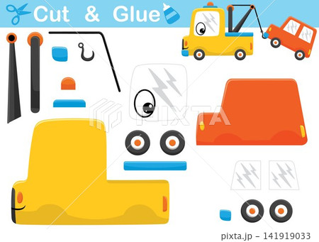 Funny tow truck pulling a car. Cutout and gluing. Vector cartoon illustration Funny tow truck pulling a car. Cutout and gluing. Vector cartoon illustration 141919033