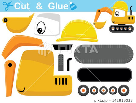 Funny excavator cartoon wearing helmet. Education paper game for children. Cutout and gluing Funny excavator cartoon wearing helmet. Education paper game for children. Cutout and gluing 141919035
