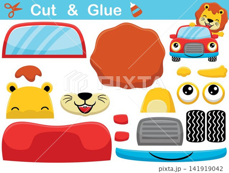 Cute lion on smiling car. Cutout and gluing. Vector cartoon illustration 141919042