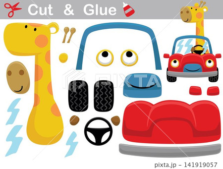 Giraffe driving car. Cutout and gluing. Vector cartoon illustration Giraffe driving car. Cutout and gluing. Vector cartoon illustration 141919057