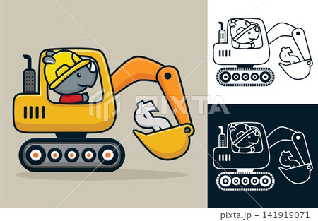 Rhino wearing worker helmet on construction vehicle with dollar symbol. Vector cartoon illustration in flat icon style Rhino wearing worker helmet on construction vehicle with dollar symbol. Vector cartoon illustration in flat icon style 141919071