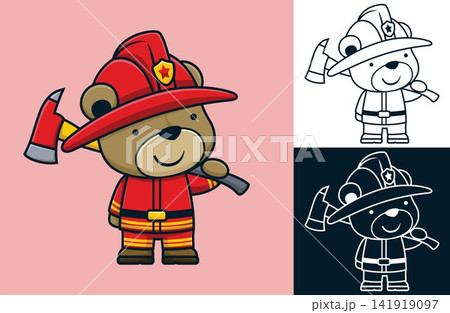 Funny bear in fireman uniform holding fireman axe. Vector cartoon illustration in flat icon style 141919097