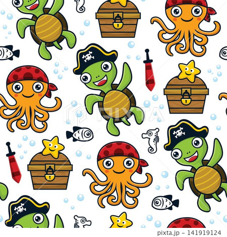 Seamless pattern vector of cartoon funny marine animals in pirate costume with pirates element illustration 141919124