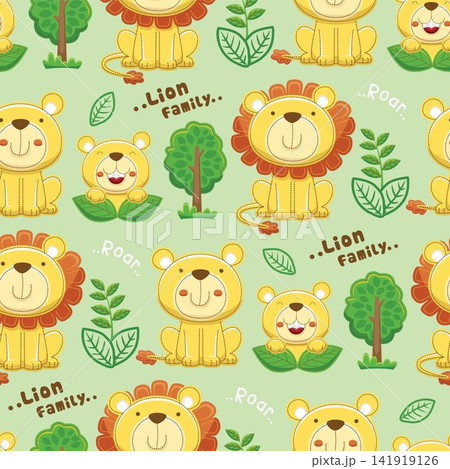 Seamless pattern vector of cartoon funny lion family with trees and leaf Seamless pattern vector of cartoon funny lion family with trees and leaf 141919126