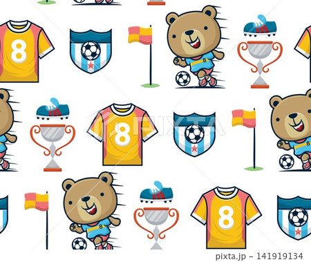 Seamless pattern vector of cartoon funny bear playing soccer, soccer elements illustration Seamless pattern vector of cartoon funny bear playing soccer, soccer elements illustration 141919134