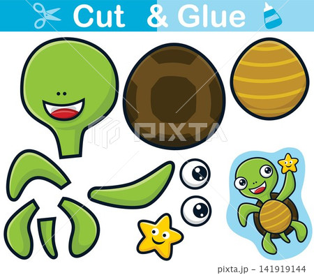 Funny turtle with starfish on it hand. Education paper game for children. Cutout and gluing Funny turtle with starfish on it hand. Education paper game for children. Cutout and gluing 141919144