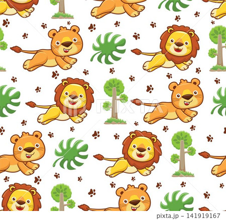 Seamless pattern vector of cartoon lion with trees, leaves and footprint 141919167
