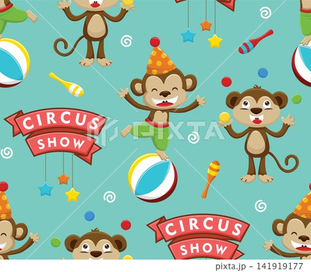 Seamless pattern vector of cartoon monkey in circus show, circus elements illustration 141919177