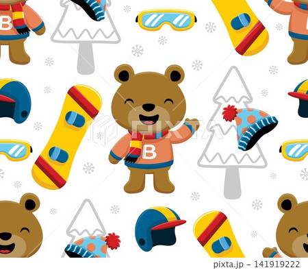 Seamless pattern vector of cartoon funny bear in winter coat with snowboard sport elements Seamless pattern vector of cartoon funny bear in winter coat with snowboard sport elements 141919222