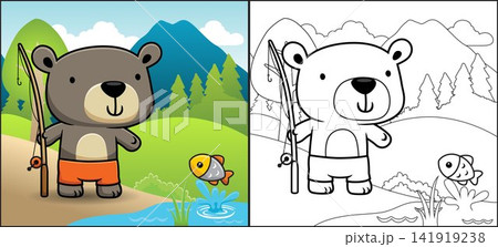 Coloring book or page of cartoon bear holding fishing tackle in forest, fish jump out from water Coloring book or page of cartoon bear holding fishing tackle in forest, fish jump out from water 141919238