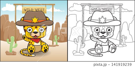Coloring book or page of cute leopard cartoon in sheriff costume on mountains rock background Coloring book or page of cute leopard cartoon in sheriff costume on mountains rock background 141919239