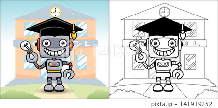 Coloring book or page of funny robot cartoon in graduation cap holding lightbulb on school building background Coloring book or page of funny robot cartoon in graduation cap holding lightbulb on school building background 141919252