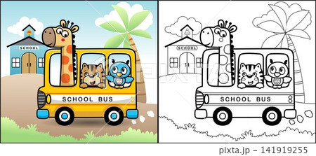 Coloring book or page of funny animals cartoon on school bus going to school Coloring book or page of funny animals cartoon on school bus going to school 141919255