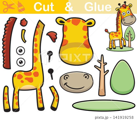 Vector illustration of giraffe cartoon with tree. Education paper game for kids. Cutout and gluing 141919258
