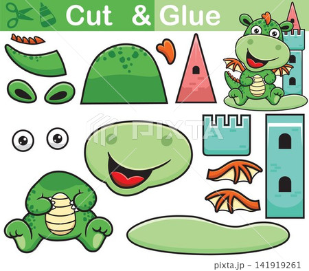 Vector illustration of little dragon cartoon with castle tower. Cutout and gluing Vector illustration of little dragon cartoon with castle tower. Cutout and gluing 141919261