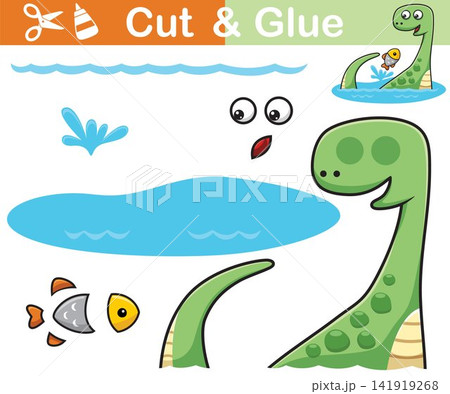 Vector illustration of brontosaurus cartoon with fish in water. Cutout and gluing Vector illustration of brontosaurus cartoon with fish in water. Cutout and gluing 141919268
