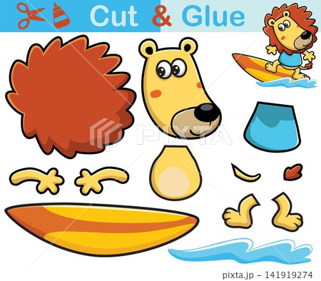 Vector illustration of lion cartoon surfboarding. Education paper game for children. Cutout and gluing Vector illustration of lion cartoon surfboarding. Education paper game for children. Cutout and gluing 141919274
