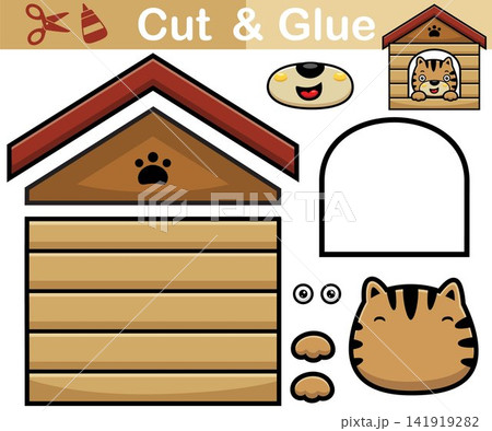 Vector illustration of cat cartoon in it cage. Education paper game for children. Cutout and gluing Vector illustration of cat cartoon in it cage. Education paper game for children. Cutout and gluing 141919282