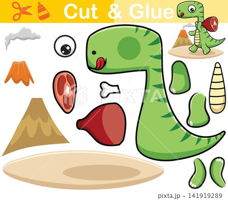 Vector illustration of cute dinosaur carrying meat. Education paper game for kids. Cutout and gluing 141919289