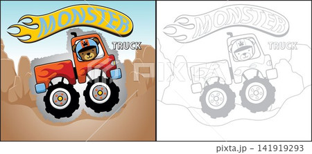 Cartoon of cute bear driving monster truck on mountains rock background. Coloring book or page Cartoon of cute bear driving monster truck on mountains rock background. Coloring book or page 141919293
