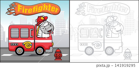 Cartoon of funny zebra in fireman helmet on firetruck on buildings background. Coloring book or page Cartoon of funny zebra in fireman helmet on firetruck on buildings background. Coloring book or page 141919295