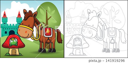 Cartoon of horse with frog wearing crown in mushroom house on castle background. Coloring book or page Cartoon of horse with frog wearing crown in mushroom house on castle background. Coloring book or page 141919296