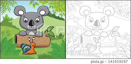 Cartoon of koala in tree trunk with funny snail in forest. Coloring book or page Cartoon of koala in tree trunk with funny snail in forest. Coloring book or page 141919297