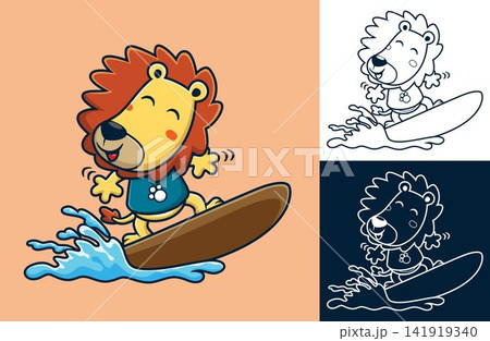 Vector illustration of cute lion cartoon surfing on wave Vector illustration of cute lion cartoon surfing on wave 141919340