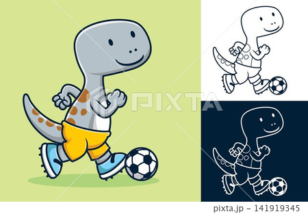 Vector illustration of funny dinosaur cartoon playing soccer Vector illustration of funny dinosaur cartoon playing soccer 141919345