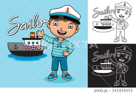 Vector illustration of cartoon boy in sailor uniform with a boat Vector illustration of cartoon boy in sailor uniform with a boat 141919353