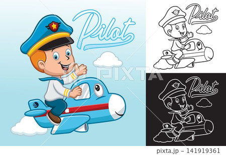 Vector illustration of cartoon boy in pilot uniform sitting on funny airplane 141919361