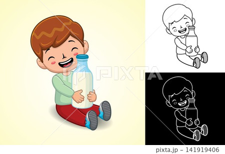 Vector cartoon of little boy sitting on floor while hug big milk bottle Vector cartoon of little boy sitting on floor while hug big milk bottle 141919406