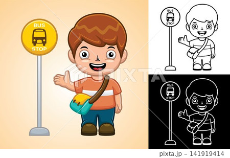 Vector cartoon of little boy standing beside bus stop sign Vector cartoon of little boy standing beside bus stop sign 141919414