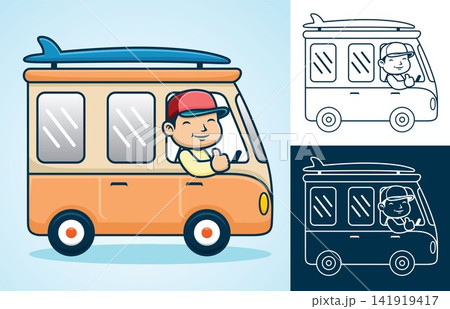 Vector cartoon of a man driving van loading surfboard Vector cartoon of a man driving van loading surfboard 141919417