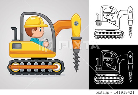 Vector cartoon of little boy on drilling machine vehicle 141919421