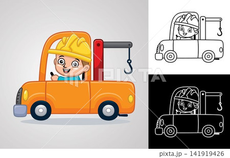 Vector cartoon of little boy with helmet on tow truck Vector cartoon of little boy with helmet on tow truck 141919426