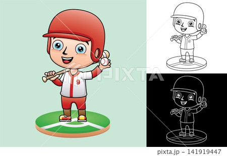 Vector cartoon of little boy in baseball uniform with baseball bat and ball 141919447