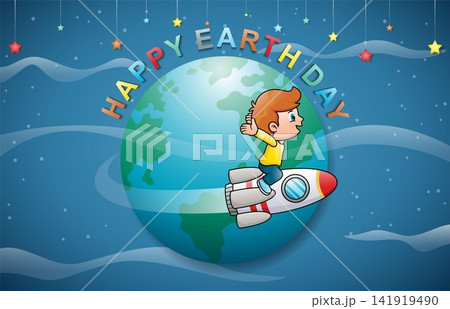 Vector Cartoon of Boy Flying On Rocket Around World. Kids earth day Vector Cartoon of Boy Flying On Rocket Around World. Kids earth day 141919490
