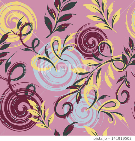 Abstract painterly seamless pattern with expressive brush stroke leaves and swirls for modern fashion, wallpaper, and apparel design. Abstract painterly seamless pattern with expressive brush stroke leaves and swirls for modern fashion, wallpaper, and apparel design. 141919502