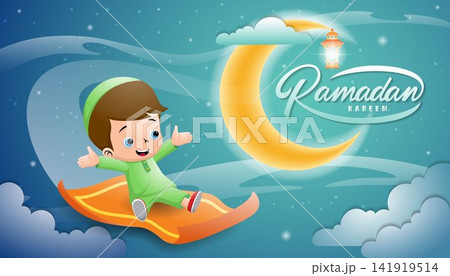 Moslem boy flying on rug across crescent moon at Ramadan night, vector cartoon illustration Moslem boy flying on rug across crescent moon at Ramadan night, vector cartoon illustration 141919514