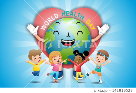 Cartoon of happy kids with funny globe on heart background, world health day campaign Cartoon of happy kids with funny globe on heart background, world health day campaign 141919525