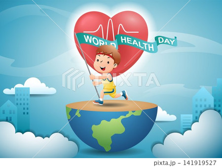 Cartoon boy running on half globe while carrying flag on heart and buildings background Cartoon boy running on half globe while carrying flag on heart and buildings background 141919527