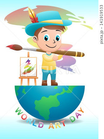 Kids painter cartoon holding big brush with canvas standing on half globe Kids painter cartoon holding big brush with canvas standing on half globe 141919533